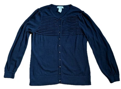 Navy Blue Pleated Chest Button Front Cardigan Sweater Sz. Large Preppy Lagenlook - Image 1 of 4