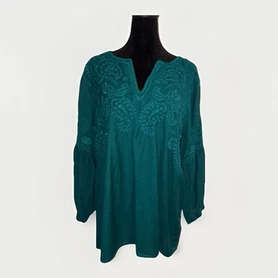 J. Jill Womens XL Teal Embroidered Paisley Tunic V-Neck Peasant Top 3/4 Sleeve - Image 1 of 4