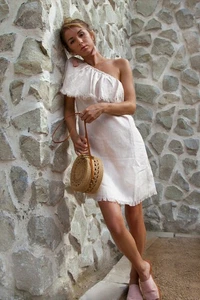 Palm Collective Mini Dress Size S Linen Pale Pink One Shoulder Raw Hem Pockets - Picture 1 of 10