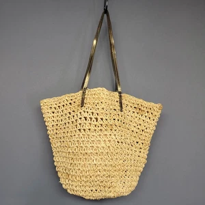 J Crew Straw Tote Bag Womens One Size Natural Woven Leather Trim Beach Purse - Picture 1 of 18