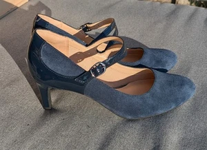 CLARKS DANCER REECE LADIES NAVY SUEDE/LEATHER MID HEEL MARY JANE SHOES UK SIZE 7 - Picture 1 of 13