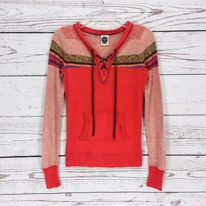 Vintage Free People Sweater Top Size XS Lace-up Neck Pocket Red Long Sleeve - Picture 1 of 11