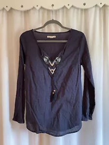 Ruff Hewn 100% Cotton Navy Blue Long Sleeve Top Beading Boho Small EUC - Picture 1 of 9
