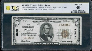1929 $5 First National Bank Dallas, Tx PCGS 30 TYPE 1 - Picture 1 of 3