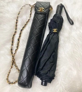 Chanel Umbrella Folding Black Nylon Lambskin Leather Matelasse Shoulder Pouch 2 - Picture 1 of 15