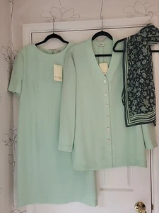 Viyella Dress Coat Suit & Matching Scarf Pale Green x 3 pieces size UK 16 NWT - Picture 1 of 22