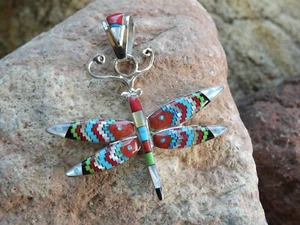 Micro Inlay Dragonfly Mosaic Gemstone Fire Opal Sterling Silver 925 Pendant R48 - Picture 1 of 9