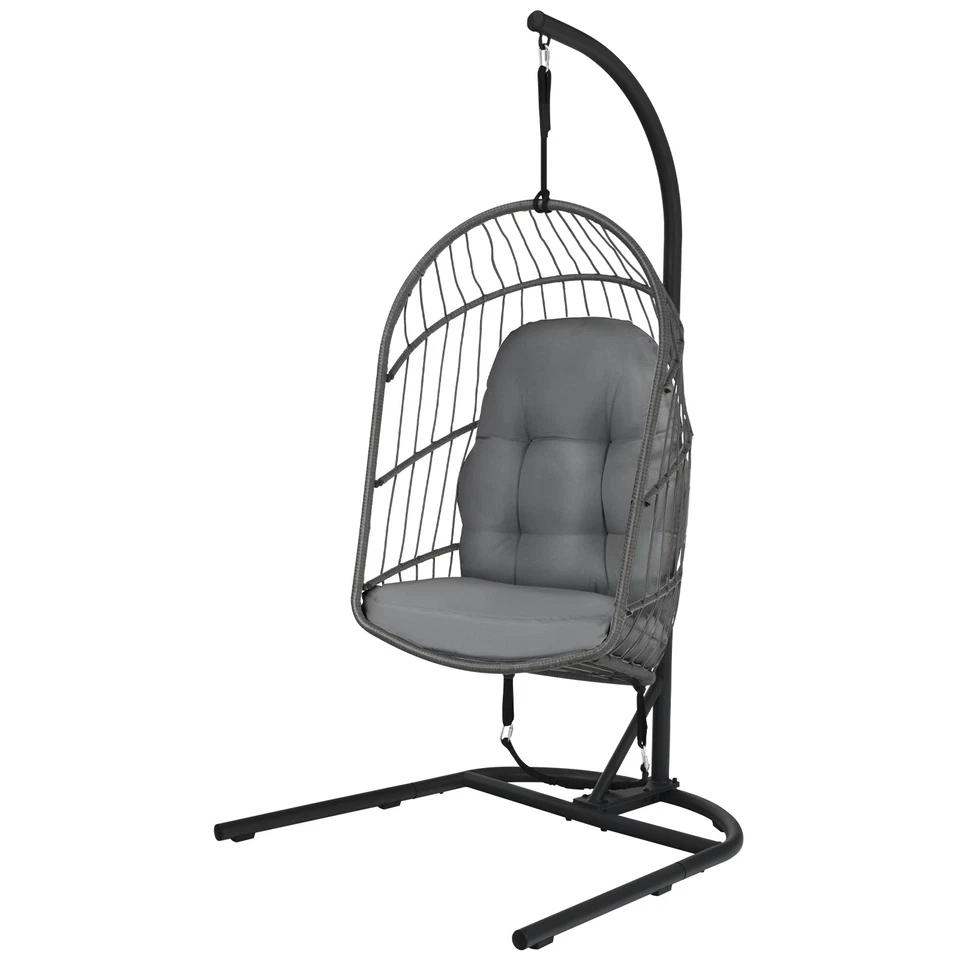 Costway Hanging Wicker Egg Chair w/ Stand Cushion Foldable Outdoor Indoor Gray