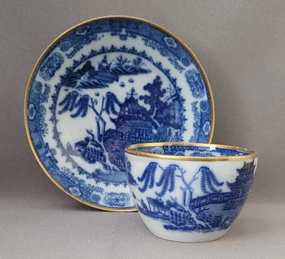 SPODE ROCK PATTERN PEARLWARE  BLUE TRANSFER PRINTED TEABOWL & SAUCER C1800-10 - Image 1 of 4