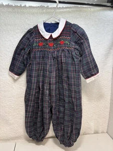 Rosey Kids Girl Toddler Bubble Romper 18 Mos Smocked  VTG Plaid With Apples - Picture 1 of 11