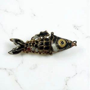 Vintage Cloisonné Black Enamel Articulated Koi Fish Pendant - Picture 1 of 7