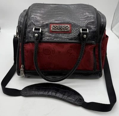 BRIGHTON TRAVEL LUGGAGE Carry On Cosmetic Toiletry Bag Red Fabric Black Leather - Image 1 of 4