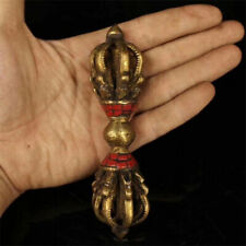 Tibet Curio pure Bronze inlay Coral Vajra Dorje Phurpa Exorcism Talisman Faqi