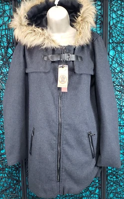 NUEVO CON ETIQUETAS ABRIGO DE PIEL SINTÉTICA CON CAPUCHA CREMALLERA COMPLETA YOKI OUTWEAR PARA MUJER TALLA M GRIS CARBÓN Foto 1 de 4