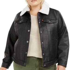 NEU Levi's schwarze dicke Sherpa gefütterte schwere Winter Trucker Jacke aus Kunstleder 1X - Bild 1 von 12
