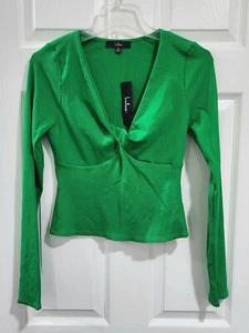 New Lulus M Medium Womens Green Ribbed Crop Blouse Shirt Top Long Sleeve V-Neck - Picture 1 of 5