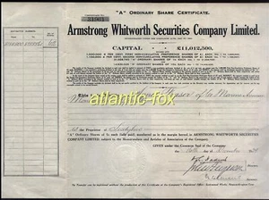 1929 ARMSTRONG WHITWORTH co SHARE CERTIFICATE of 65 1/- Shares - Picture 1 of 1