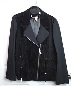 NEW IMAN Global Chic Black Suede Moto Jacket Knit Sleeves Gold Hardware Size XL - Picture 1 of 5