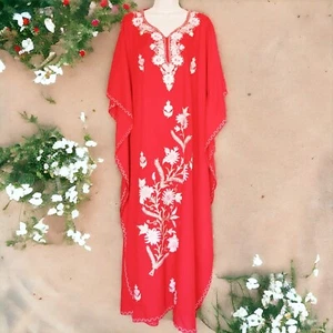 Kaftan Dress (Red with Multi Hand-Embroidered Flowers) - Picture 1 of 4