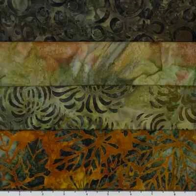 Lot of (4) 1 Yard Cuts 100% Cotton Quilting Batik Fabric Olive Green Rust #465 - Image 1 of 2