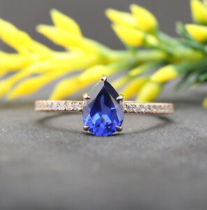 Blue Created Sapphire Pear Round Diamond Solitaire Gold Engagement Ring KD770