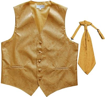 New Men's Paisley Tuxedo Vest Waistcoat & Ascot Cravat Wedding Prom formal Gold - Image 1 of 2