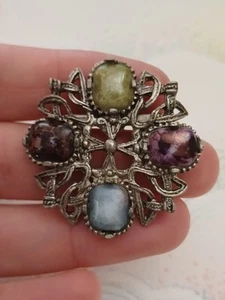 Weiner Brooch Vintage 60s Silver Tone & Gemstone Scottish Celtic 4cm x 4cm - Picture 1 of 3