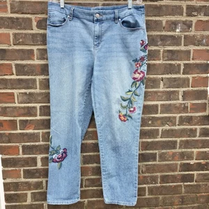Chico’s GIRLFRIEND SLIM LEG ANKLE Embroidered Floral Jeans Pant Size 10R or 1.5R - Picture 1 of 6