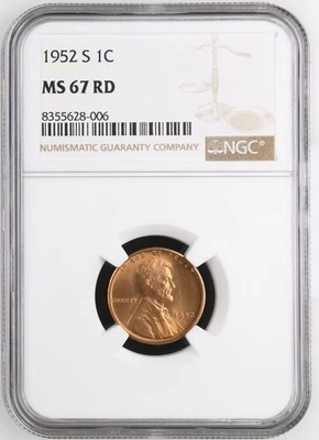 1952-S Lincoln Wheat Cent 1c NGC MS67 RD - Image 1 of 2