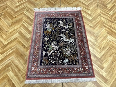 Oriental carpet carpet silk carpet fine Ghom 107x79 signed animal hunting - Image 1 of 4