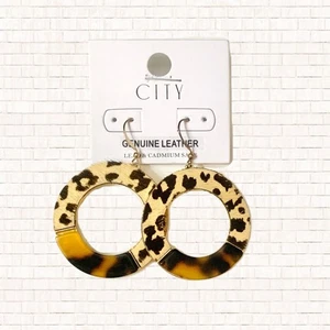 Boutique leopard print calf hair leather tortoise shell dangle earrings NEW OBO - Picture 1 of 12