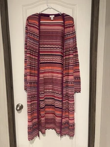 CHICO’S Zig-Zag Carly Duster Multicolored Chevron Knit Cardigan Size 1 - Picture 1 of 9