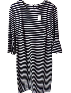 NWT BANANA REPUBLIC SZ 14 STRIPPED BLACK-WHITE 3/4 BELL SLEEVE DRESS - Picture 1 of 9
