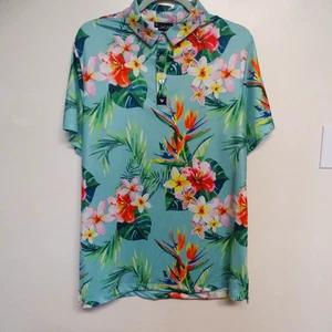 Polo Bad Birdie hawiiana floreale ibisco blu taglia M - Foto 1 di 5