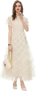 Elegant Mesh Party Prom Wedding Short Sleeve Ruffled Plaid Polka Dot Dress MED - Picture 1 of 16