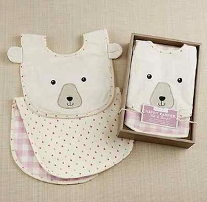 Baby Aspen Bib & Cloth Burp Pad Gift Set Happy Camper Bear Pink Plaid Girl NEW - Bild 1 von 2