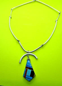 Vintage Zuni Sterling Silver Inlay Choker Necklace 14 Inches - Picture 1 of 5