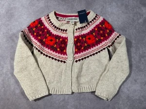 Lands' End Girls Fair Isle Chunky Cardigan Size 4 Small Flowers Hearts - Picture 1 of 9