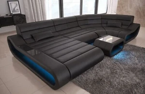 Wohnlandschaft Leder Sofa USB Couch LED Ledercouch Luxus Schwarz Concept U Form - Bild 1 von 28