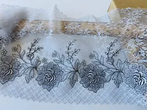 Floral Embroidered Lace Trim Stretch Light Grey Mesh Sewing/Craft/Bridal/6” Wide - Picture 1 of 11