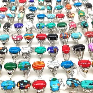 50pcs Silver Tone Multicolored Stone Ring Top Mixed Charm Bohemian Stone Rings