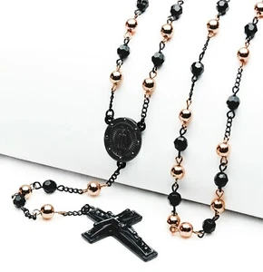 6mm Black Rose Gold Bead Guadalupe & Jesus Cross 28" Rosary Necklace HR 600KRGK - Picture 1 of 3