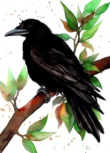 Acquerello originale corvo uccellino nero dipinto arte 7х10" corvo di Anne Gorywine - Foto 1 di 1