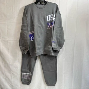 Boohoo Women Plus Multi Print Varsity Sweat Tracksuit in Grey Size 14 - Picture 1 of 12