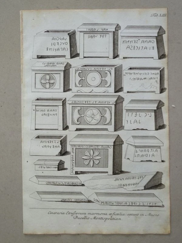 Cineraria Etruscorum Grabstein Antike Museum Montfaucon EA Gori Kupferstich 1770 - Bild 1 von 1