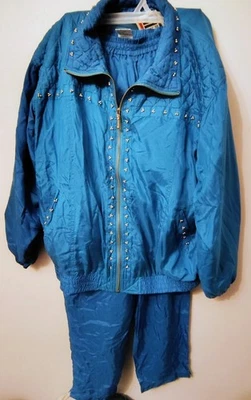 Conjunto de chándal de seda azul con tachuelas chaqueta y pantalones vintage EVR para mujer talla XL 80 años 90 Foto 1 de 4