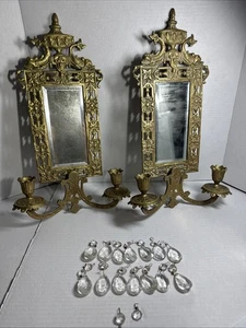 Antique Cast Metal Fish Beveled Mirror & Candle holders Partial Crystal Prisms - Picture 1 of 24