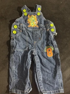Vintage Baby Denim Overalls Size 0-3 Months Embroidered Monster Playing Football - Picture 1 of 12