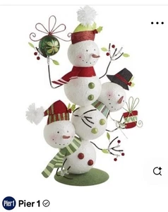 Pier 1 One VINTAGE SNOWMAN SNOWMEN TOWER STACK Glitter Figurine 16” V RARE V HTF - Picture 1 of 6