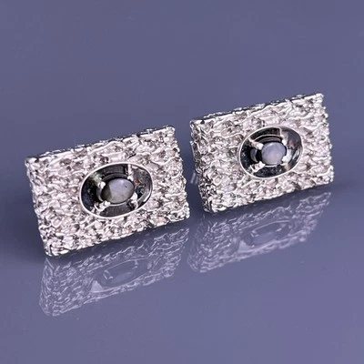 Gemelos Modernistas Estrella Negra Zafiro Chapados en Oro Blanco Texturizados De Colección Foto 1 de 4